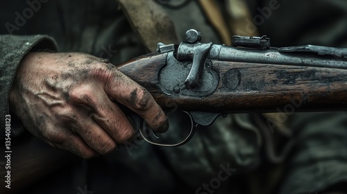 grimy hands holding vintage rifle photo