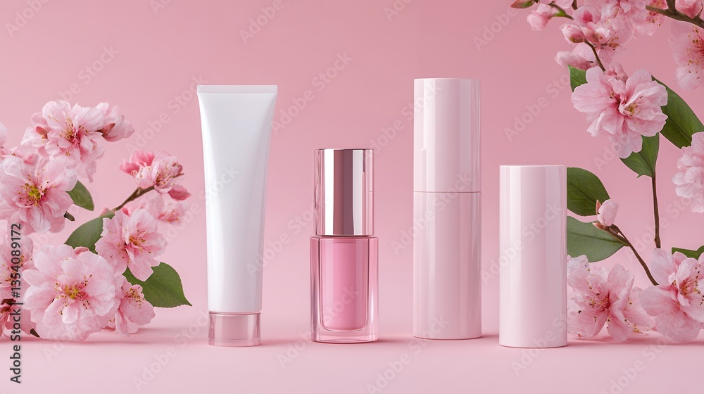 Assortment of cosmetic containers with pink flowers on a pink background in studio shot Assortment of cosmetic containers with pink flowers on a pink background in studio shot