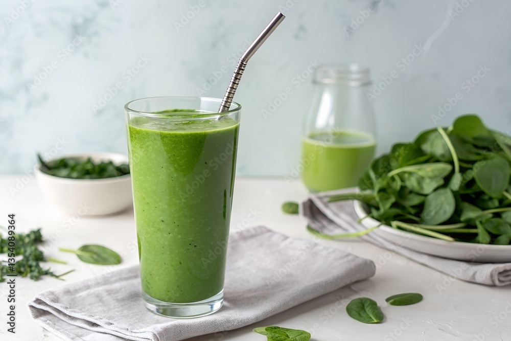 Fototapeta premium Green Spinach Smoothie in Glass with Metal Straw on White Background