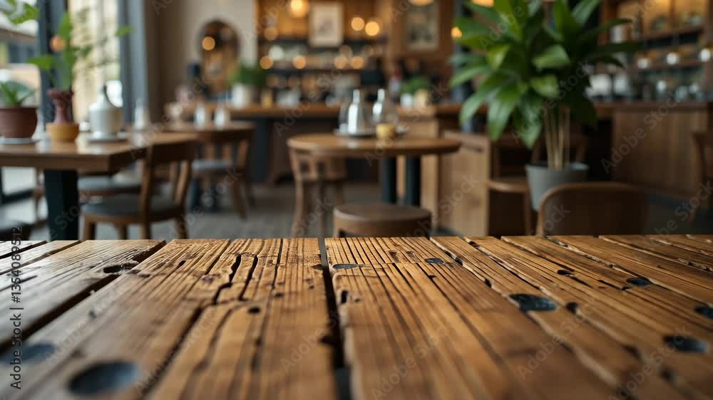 Wooden Table Foreground With Blurred Cafe Interior Tables Chairs And Plants Natural Lighting Wooden Table Foreground With Blurred Cafe Interior Tables Chairs And Plants Natural Lighting