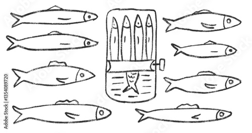 Sardines line doodle set. Canned fish hand drawn scribble. tinned fishes. Open sardine tin. Vector conserve eat illustration by pencil isolated on white background. Crayon or chalk naive seafood.