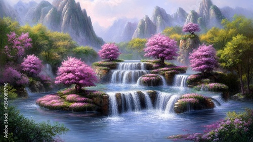 A scenic landscape with waterfalls, pink blossoms, and mountains in the background view