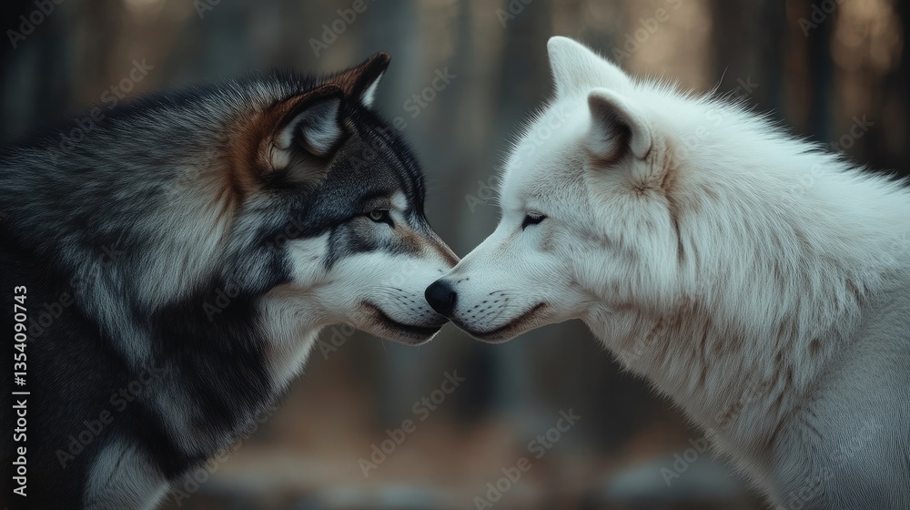Fototapeta premium Two wolves, noses nearly touching, in a serene forest setting
