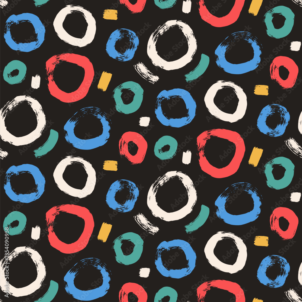 Circle brush stroke seamless pattern. Polka dots endless background. Paint tribal decor repeat cover. Abstract continuous ornament. Surface pattern design round motif. Vector hand drawn bg.