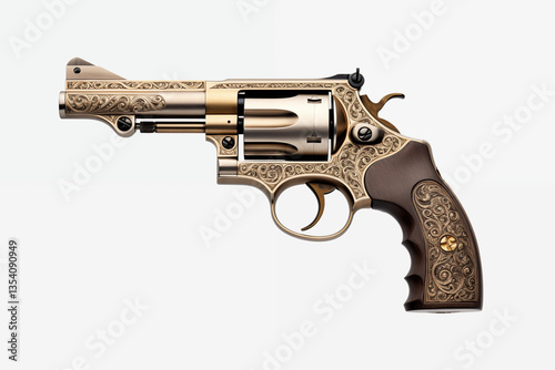 Classic Revolver on White Background – Detailed Close-Up of Handgun, Firearm, and Weapon Design for Collectors and Enthusiasts. Weapon Related Topics.