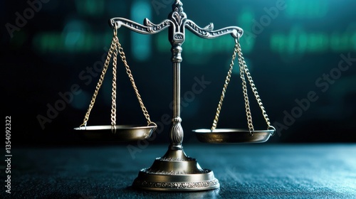 Close-up of ornate silver scale of justice with blurred green data streams in background symbolizing legal technology and cybersecurity law concepts