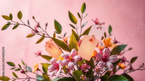 Floral arrangement with pink blossoms and green leaves, accented by pastel tags against a pink backdrop.