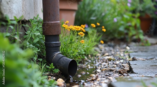 Dark drainpipe with water flowing, surrounded by flowers, plants, and rock. Illustrate water management, landscaping, or environmental responsibility concept.