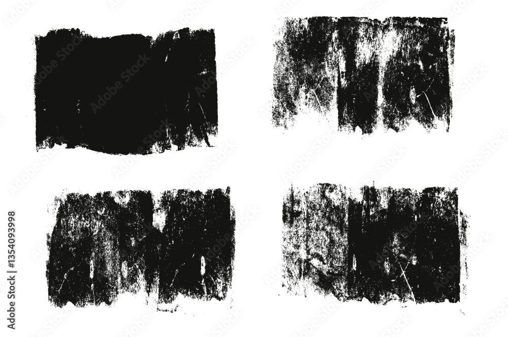 Linocut textures set. Ink roller background. Grunge charcoal vintage rectangles. Dry black brayer stains isolated on white background. Painted relief text boxes. Vector eroded abstract wide callout.
