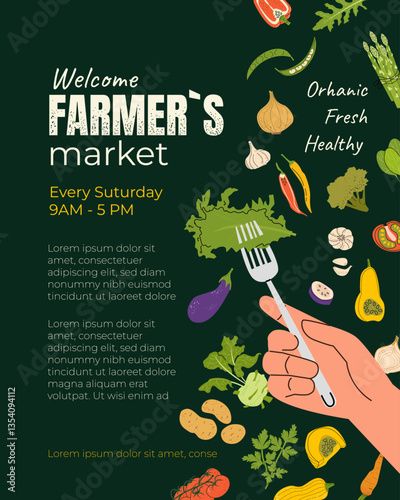 Modern banner or poster  with vegetables for Local Farmers Market, Organic Farm, Harvest Festival, Agricultural fair. Announcement for seasonal fair fork with salad. Hand drawn trendy flyer template
