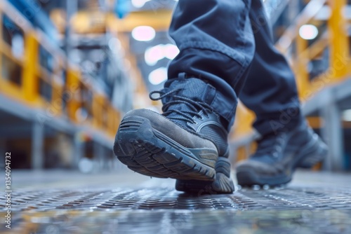 Close up of safety working shoe on worker feet standing in factory