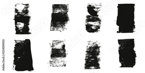Grunge distressed textures set. Ink roller spots background. Eroded vintage rectangles. Dry black brayer striped lines on white background. Painted relief stains. Vector lino wide fugures.