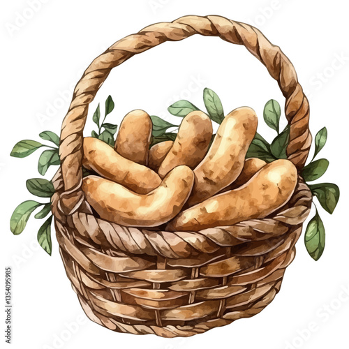Velvet Tamarind Basket, watercolor vector, isolated on a white background.