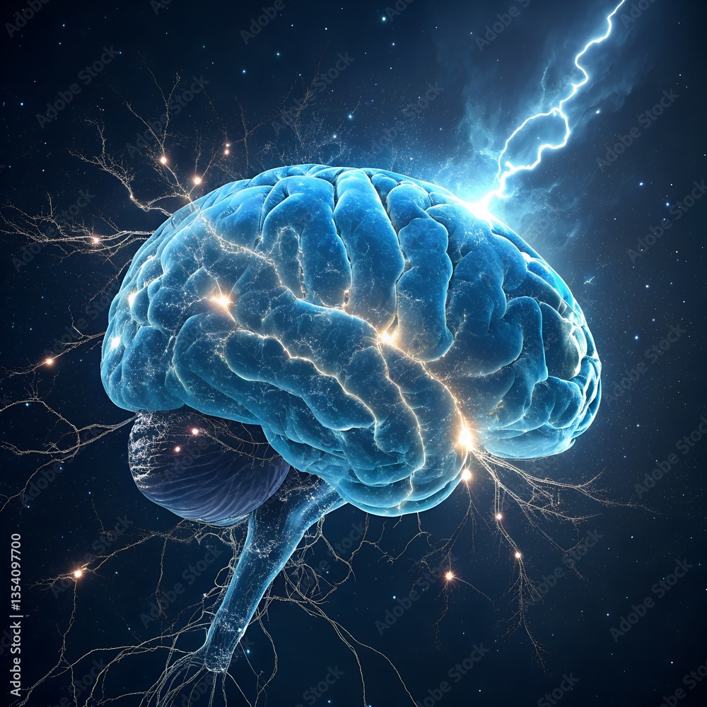 Obraz premium Electrified Intelligence: A Glowing Blue Brain with Neural Lightning