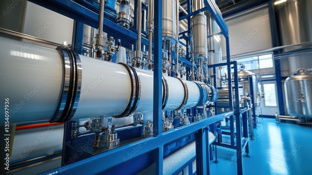 The filtration process in action at an industrial water treatment facility, showing water being purified through multiple stages The filtration process in action at an industrial water treatment facility, showing water being purified through multiple stages