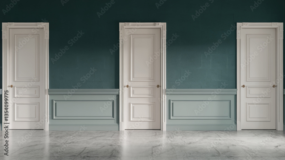 Fototapeta premium Three white paneled doors in ornate frames against a teal wall with wainscoting, marble floor showcases elegant interior design, ideal for home decor or architectural visualization