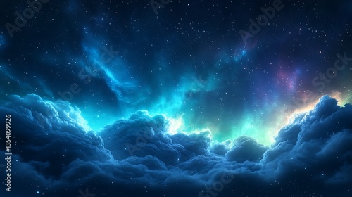 Above The Clouds Aerial View Of Fluffy White Cloudscape Under Starry Night Sky