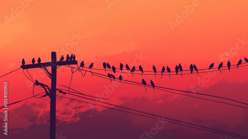 birds on power lines at sunset