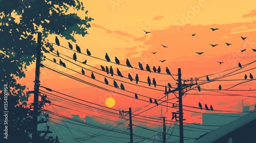 birds on power lines at sunset