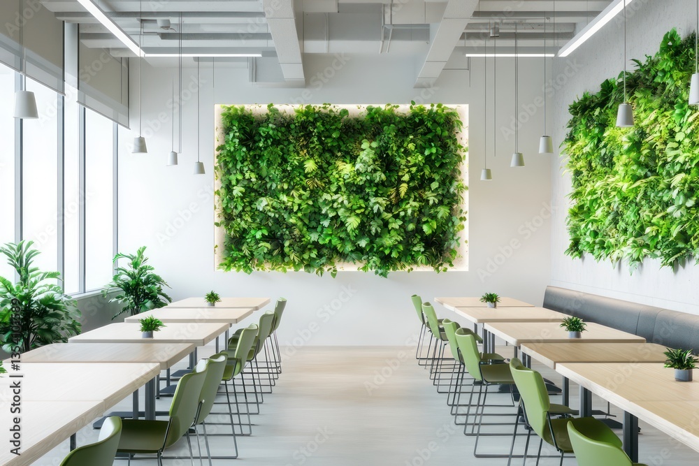 Fototapeta premium A clean coworking area with shared long tables, ergonomic seating, and vibrant green plants arranged neatly along the walls