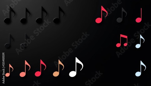 Black simple music note icons; flat vector set of musical notation symbols and signs , music design, note