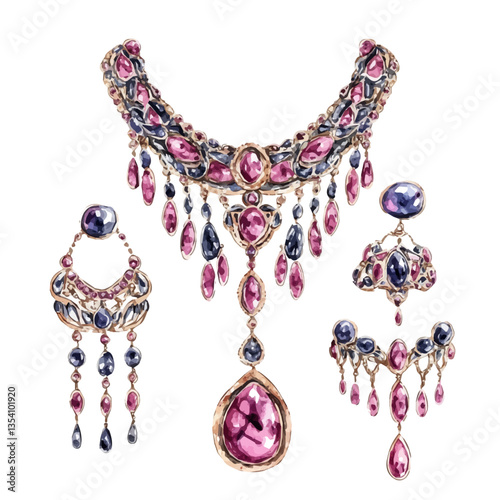watercolor vector of Vintage Jewelry Set, isolated on a white background.