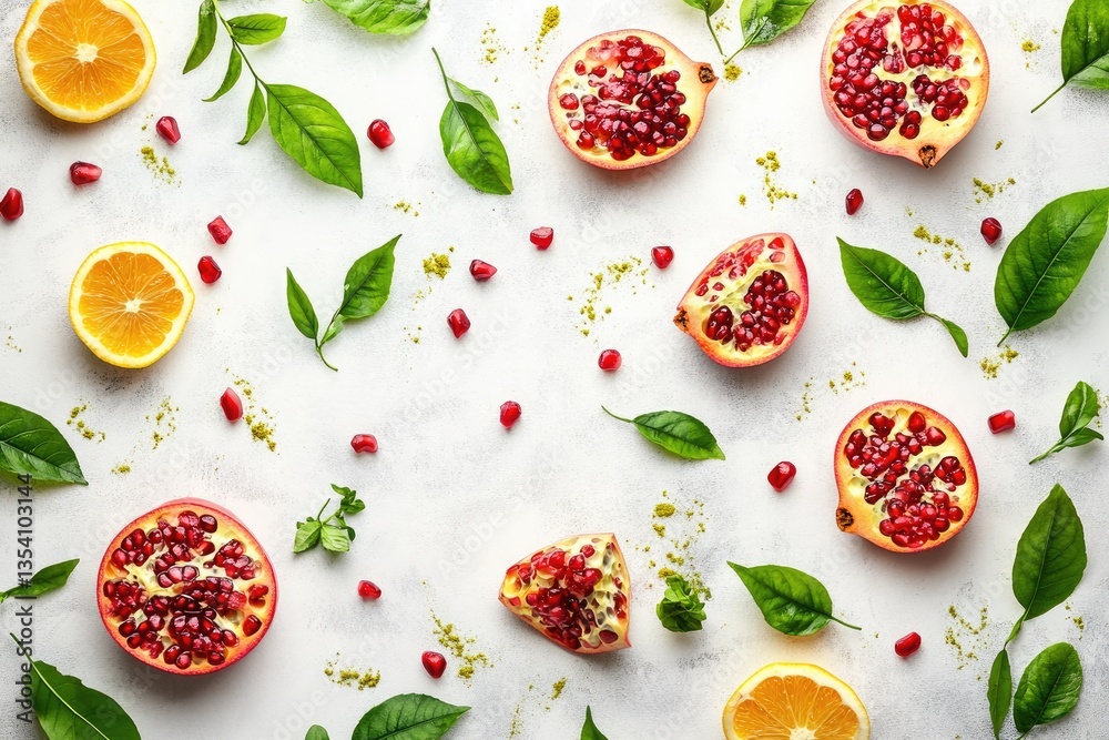 Fresh fruit and leaf pattern on a light background. A visually appealing arrangement of pomegranate segments, citrus slices, and fresh leaves, creating a vibrant and healthy display Fresh fruit and leaf pattern on a light background. A visually appealing arrangement of pomegranate segments, citrus slices, and fresh leaves, creating a vibrant and healthy display