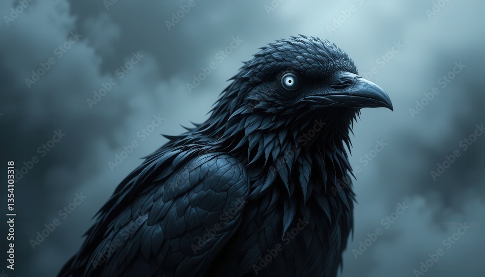 Fototapeta premium Glowing Eyes of Mystery An Eerie Black Crow in a Misty, Dark Setting