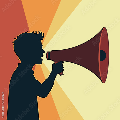 Silhouette of a person shouting into a megaphone against warm background