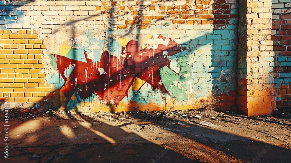 Fototapeta premium A weathered brick wall featuring abstract graffiti artwork