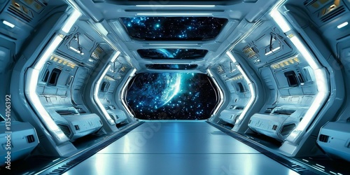 Fototapeta Naklejka Na Ścianę i Meble -  A sleek and modern journey into the cosmos through illuminated corridors.