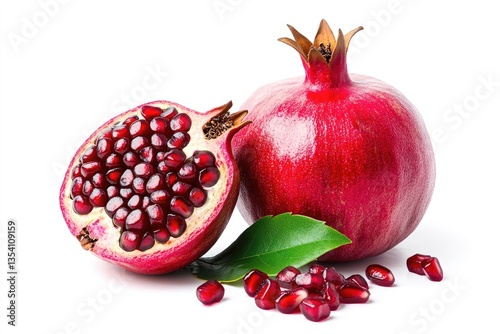 Fresh pomegranate with seeds and leaves photo