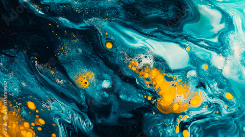 Abstract liquid paint background with turquoise, yellow and teal colors