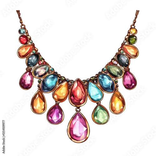 watercolor of Vintage-inspired Gemstone Necklace, isolated on a white background.