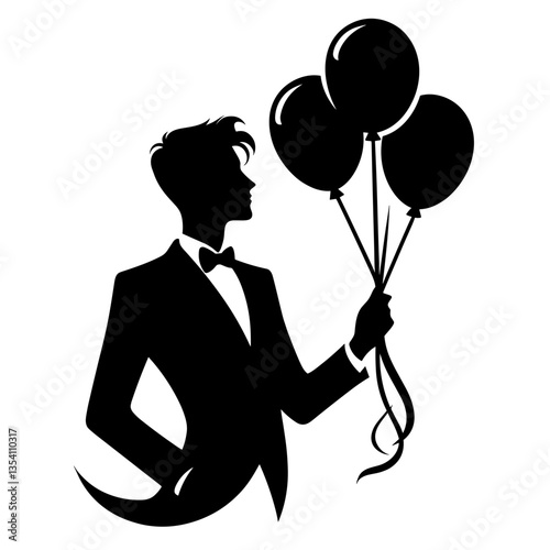 Groom holding balloons silhouette in wedding attire