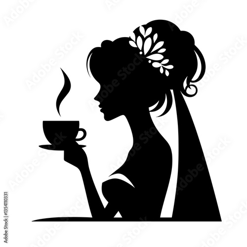 Bride drinking coffee silhouette in wedding morning