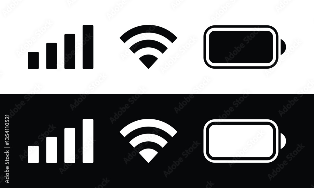 Smartphone notification bar wifi signal battery user interface icons. Black white icon set of phone ui vector illustration