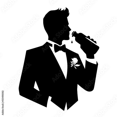 Groom drinking water silhouette in wedding suit