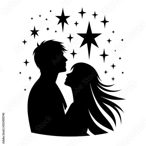 Romantic couple under stars silhouette in wedding theme