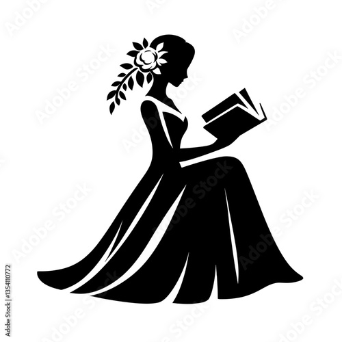 Bride reading book silhouette in wedding dress
