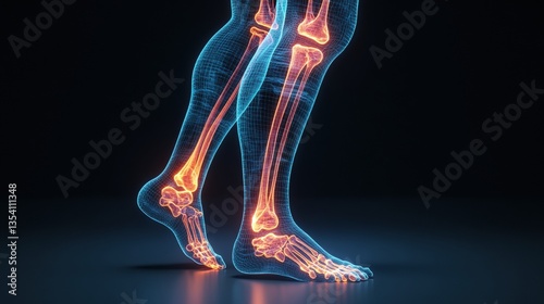 Digital rende of translucent wireframe human lower legs and feet emphasizing bones in vibrant orange and blue colors against dark background