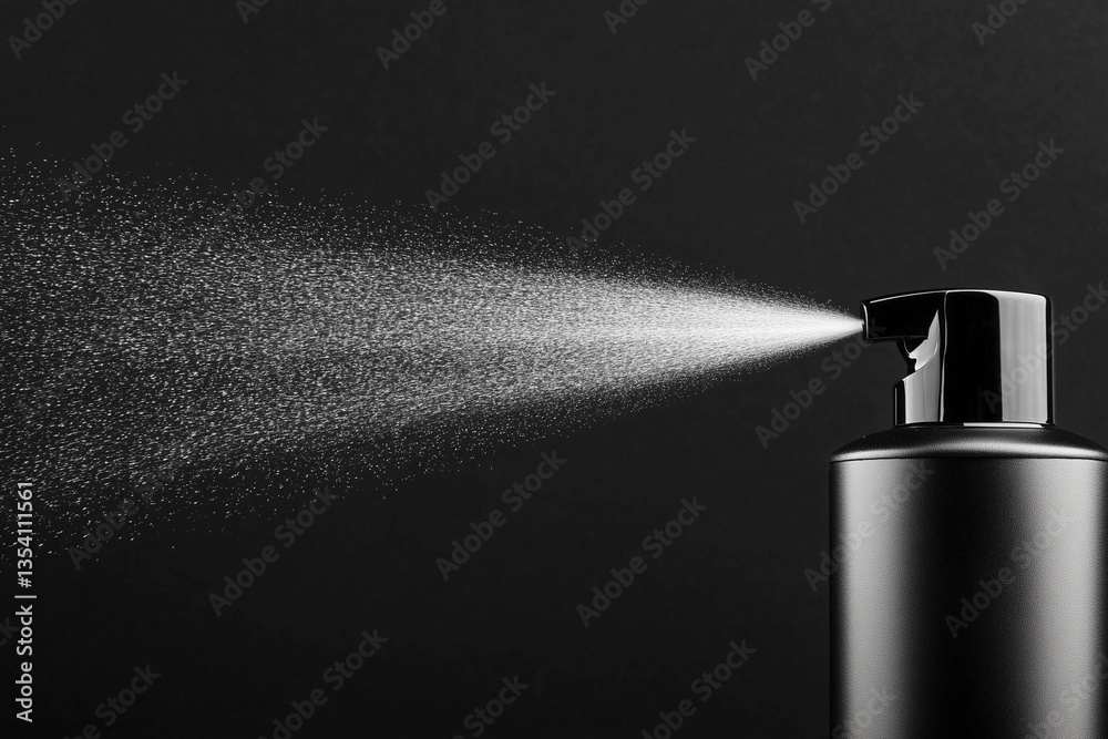 Obraz premium Black spray bottle emitting fine mist on dark background, close-up of product sprayer in action