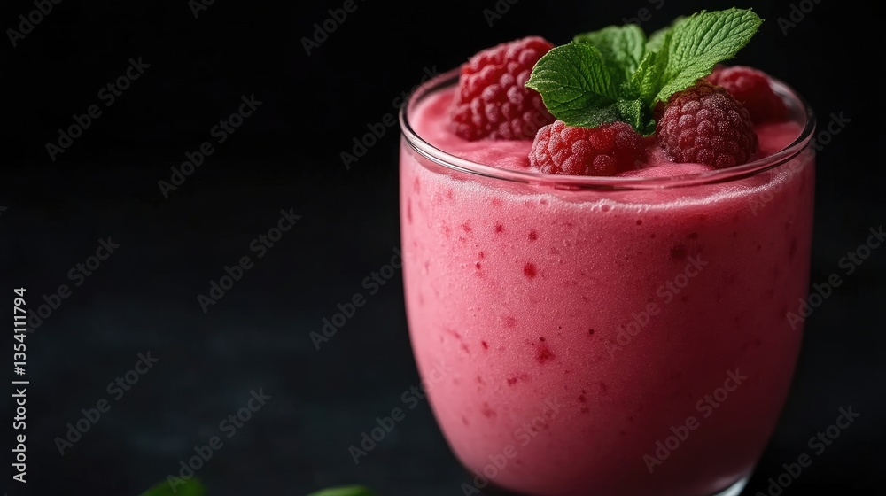 Pink raspberry smoothie in a glass, topped with fresh raspberries and mint