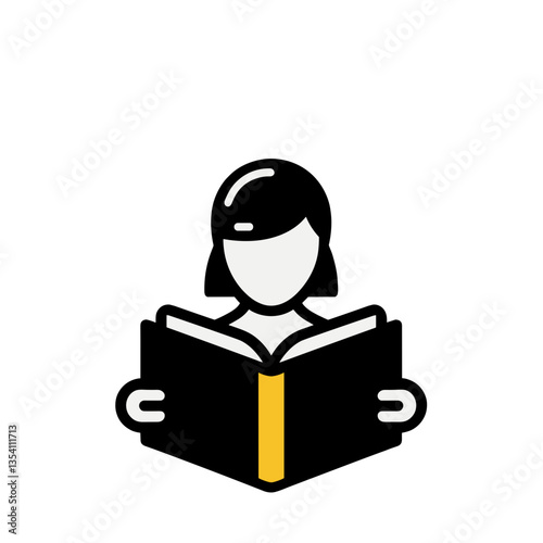 Person reading a book icon featuring a woman holding an open book in a modern flat design