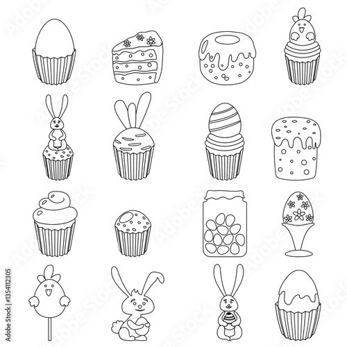 Easter icon set. Outline sweet bakery food pictograms