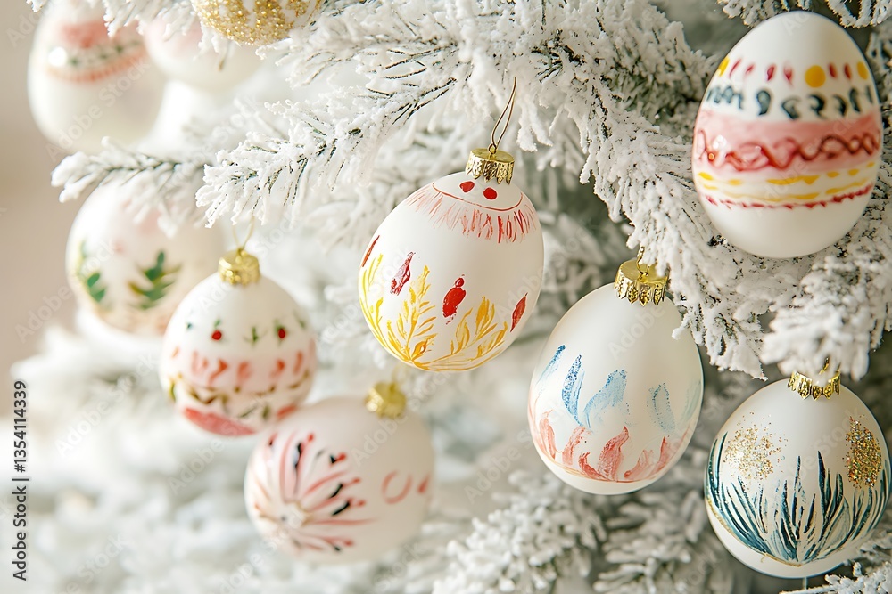 Obraz premium A delicate assortment of hand-painted Easter egg-shaped ornaments, beautifully displayed on a white Christmas tree.