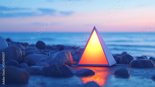 A triangle shaped object sitting on top of a beach next to the ocean photo