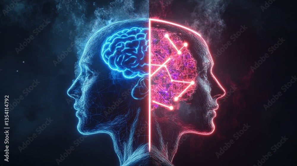 Duality of the Mind: A Stylized Digital Artwork Featu a Split Profile of a Human Head in Cool and Warm Tones with Visible Brain and Network Design Duality of the Mind: A Stylized Digital Artwork Featu a Split Profile of a Human Head in Cool and Warm Tones with Visible Brain and Network Design