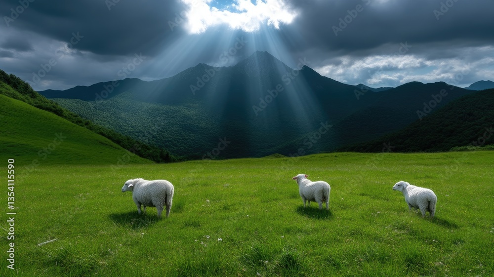 Fototapeta premium Sheep grazing on a grassy mountain meadow, bathed in sunlight filtering through clouds