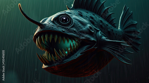 Obraz na płótnie Melanocetus johnsonii, Humpback anglerfish, illuminates deep-sea darkness with its bioluminescent lure, enticing unsuspecting prey and demonstrating remarkable adaptation to ocean s extreme conditions w salonie